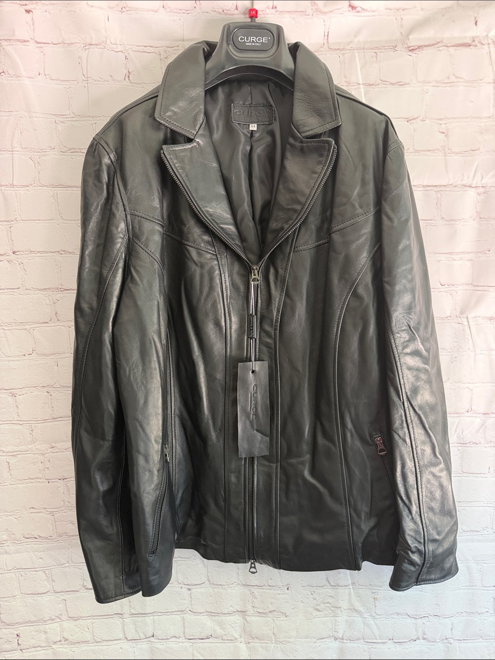 Italian Leather Bomber Black Zip-Front Jacket By CURGÉ EU Size 54 US 2XL